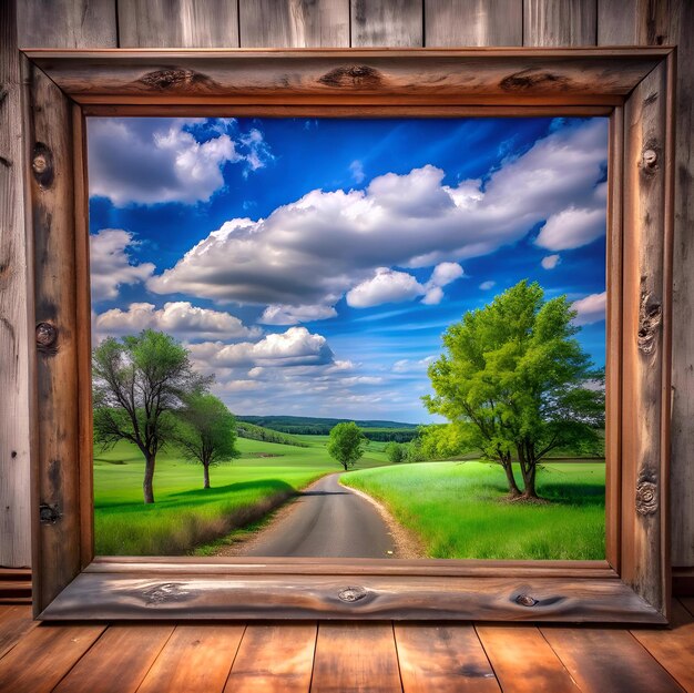 A rustic wooden frame encloses a scenic view of a winding road leading through a lush green field under a bright blue sky with fluffy clouds