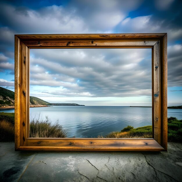 Photo a rustic wooden frame frames a breathtaking seascape evoking a sense of tranquility and escape