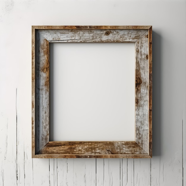 rustic wooden frame hanged on a white textured