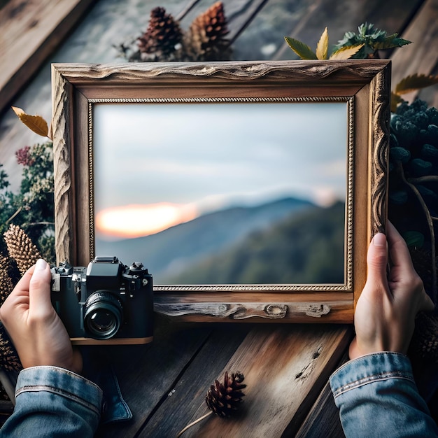 Photo a rustic wooden frame holds a scenic mountain vista captured through the lens of a vintage camera