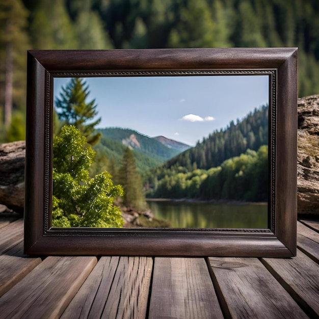 Photo a rustic wooden frame rests on weathered planks showcasing a picturesque scene of a tranquil lake nestled amidst lush green mountains