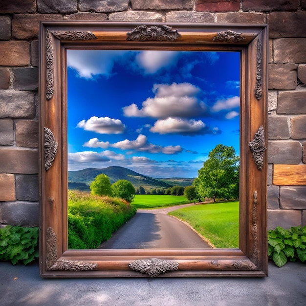 A rustic wooden frame reveals a picturesque countryside road