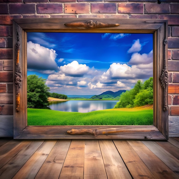 A rustic wooden frame showcasing a picturesque landscape of a tranquil lake surrounded by lush greenery and a vibrant blue sky with fluffy clouds