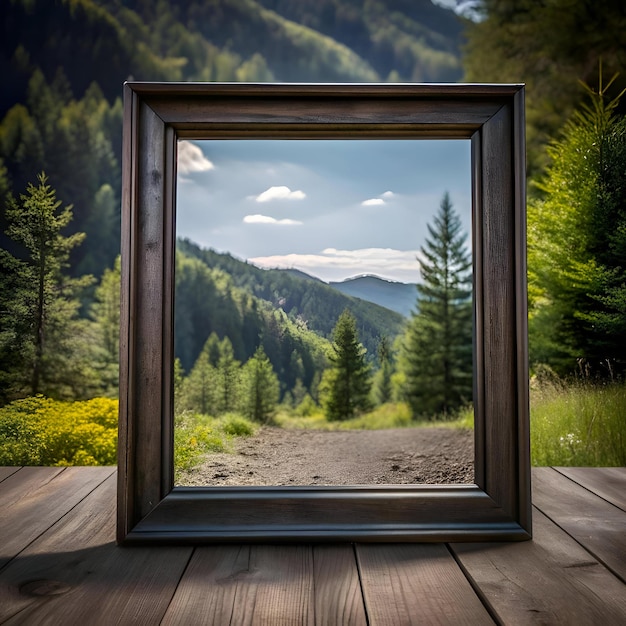 A rustic wooden frame sits on a weathered wooden plank revealing a picturesque mountain landscape framed by lush green trees and a dirt road