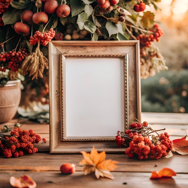 A rustic wooden frame with a blank white canvas sits atop a wooden table surrounded by fall foliage