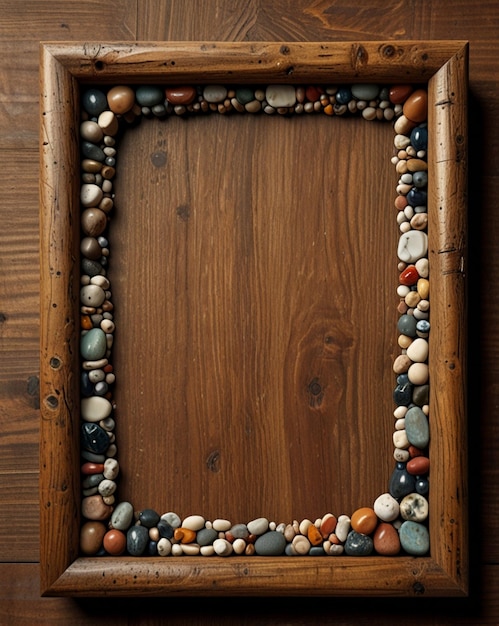 Photo rustic wooden frame with natural stones and pebbles ai generative