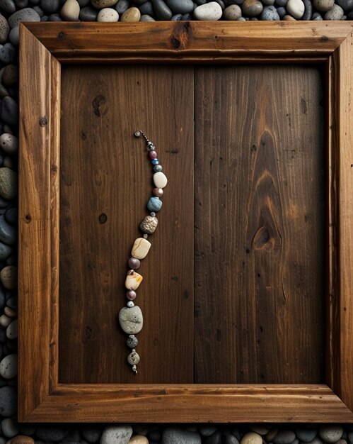 Photo rustic wooden frame with natural stones and pebbles ai generative