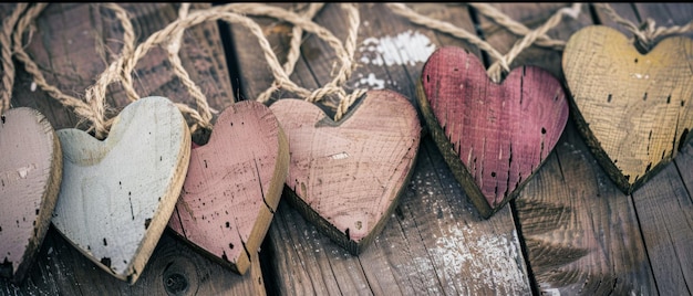 Photo rustic wooden hearts of varying shades hang from twine resting on a weathered wooden surface evoking a quaint homemade charm