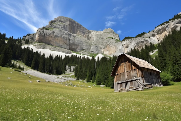 Rustic Wooden Hut in Alpine Meadow on Sunny Day