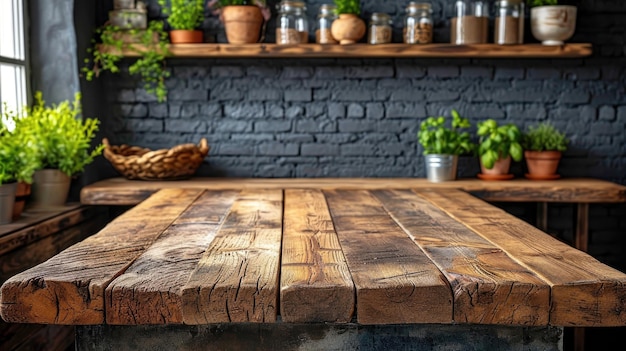 Rustic Wooden Kitchen Table with Vintage Background