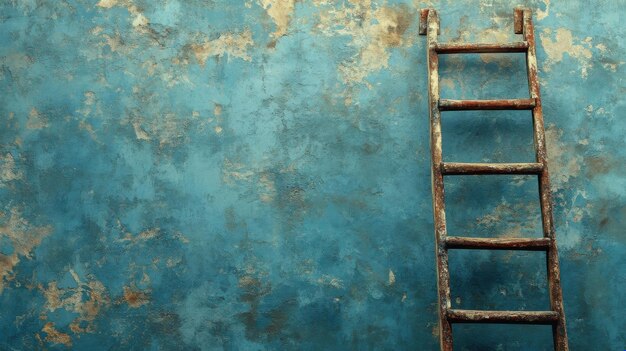 Photo rustic wooden ladder against weathered blue wall