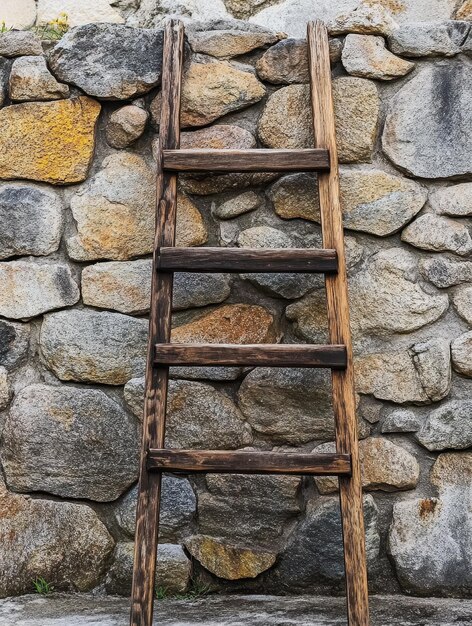 Photo rustic wooden ladder leaning against stone wall