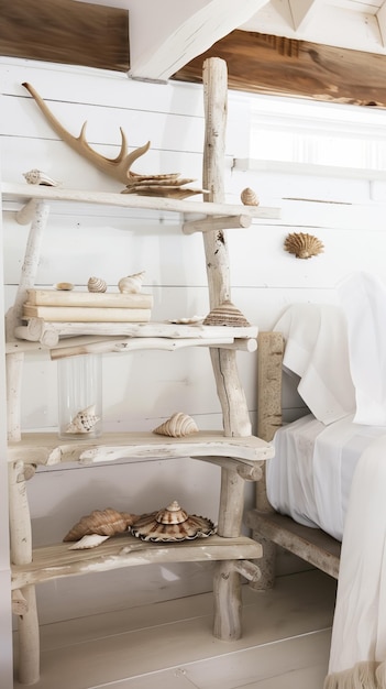 Photo rustic wooden ladder shelf decorated with various seashells in bright coastal bedroom interior