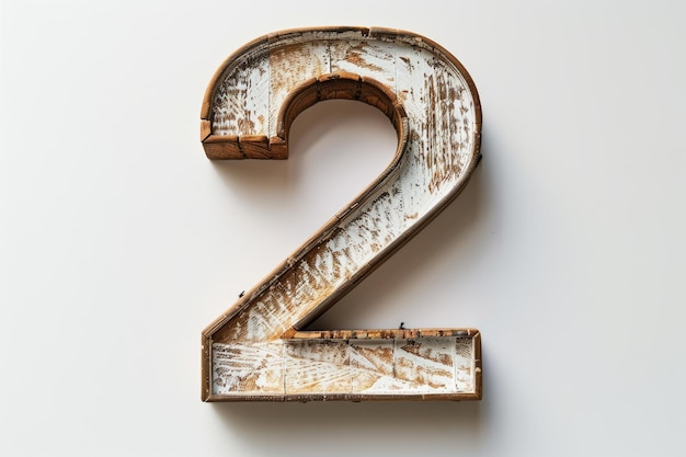 A rustic wooden number two with white paint isolated on a white background