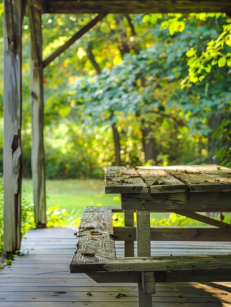 Rustic Wooden Picnic Table in Serene Forest Setting