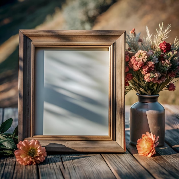 A rustic wooden picture frame with a blank canvas sits on a weathered wooden surface surrounded by vibrant autumnal flowers in a ceramic vase