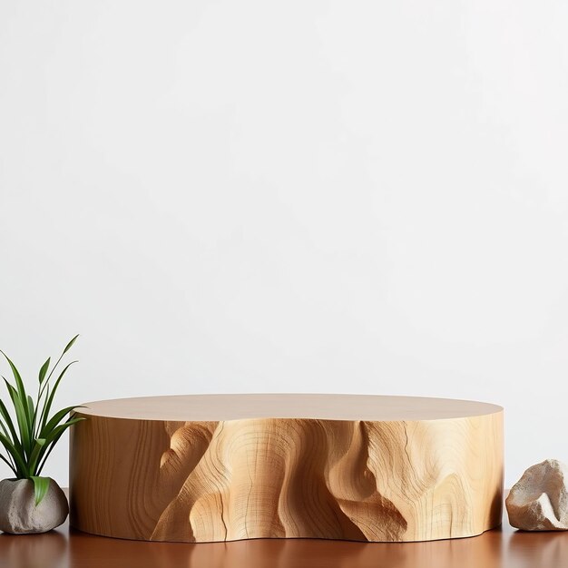 Photo rustic wooden podium with green plant and white rock on a brown surface