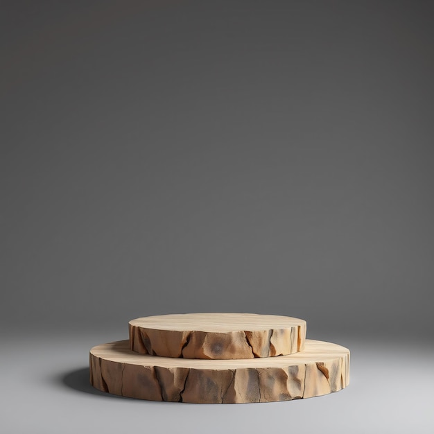 Rustic wooden podium with two levels on gray background