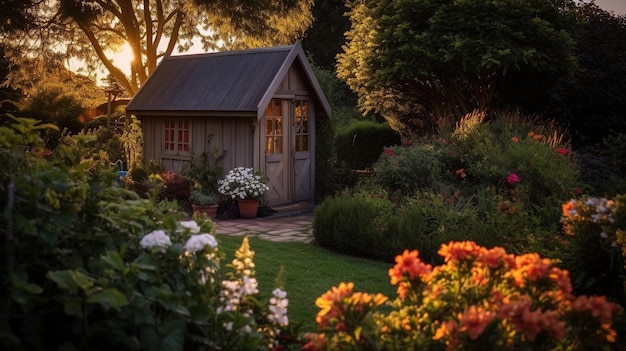 a rustic wooden shed nestled in the midst of a lush and flourishing garden