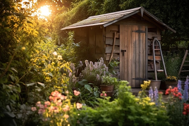 a rustic wooden shed nestled in the midst of a lush and flourishing garden