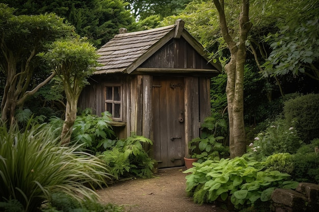 a rustic wooden shed nestled in the midst of a lush and flourishing garden