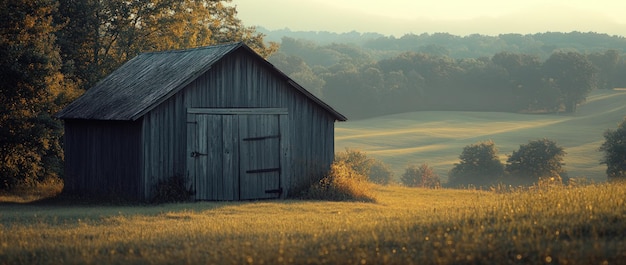 Photo a rustic wooden shed stands alone on a rolling field with a misty forest backdrop