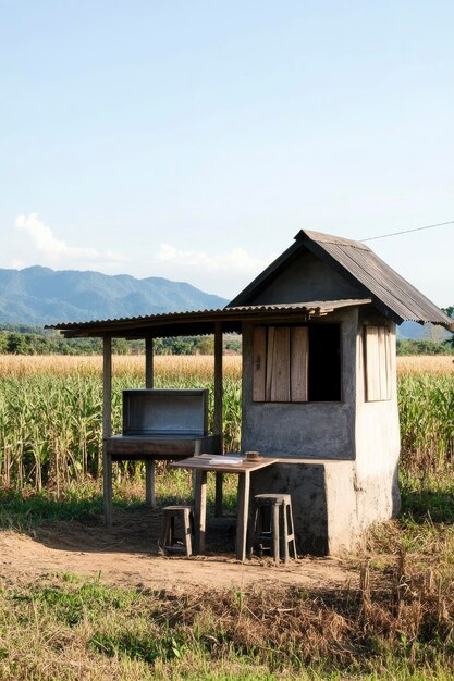 Rustic Wooden Shelter and Table with Cornfield View