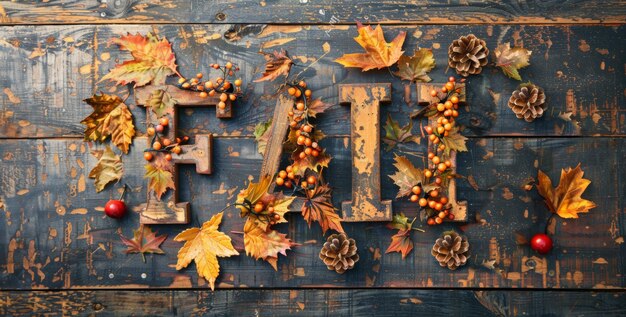 Photo a rustic wooden sign spelling fall is decorated with autumn leaves berries and pinecones on a wooden