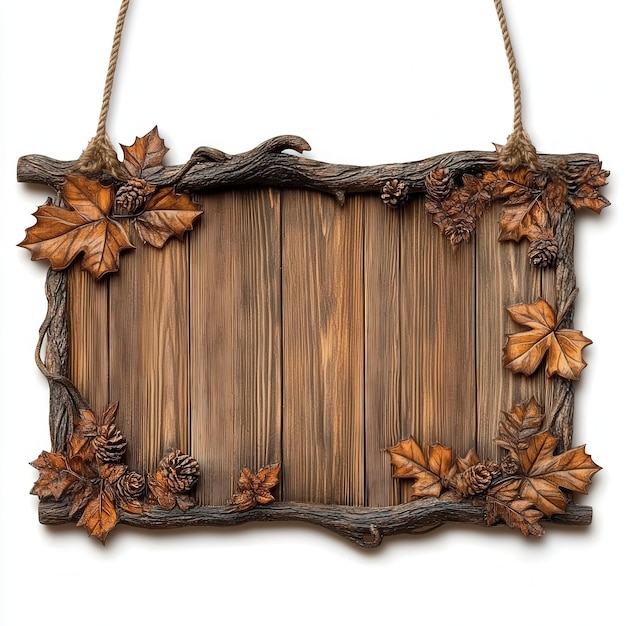 Rustic Wooden Sign with Autumn Leaves and Pine Cones