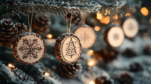 Photo rustic wooden snowflake ornaments and snowdusted pinecones decorating a cozy christmas tree with wa