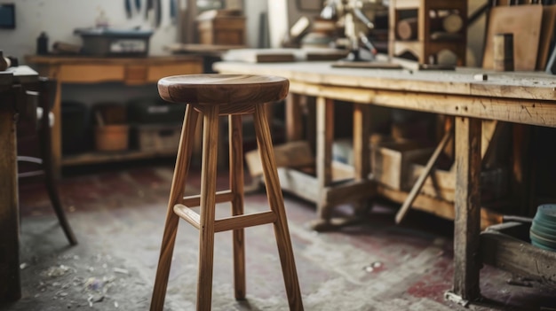 Photo rustic wooden stool in artisan workshop