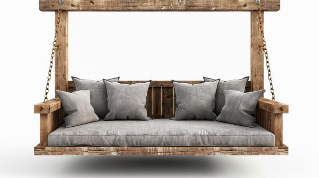 Photo rustic wooden swing bench with grey cushions