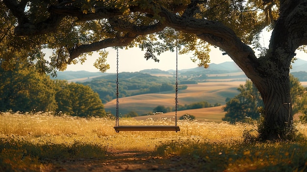 Photo rustic wooden swing hanging from a large tree in a sunny meadow