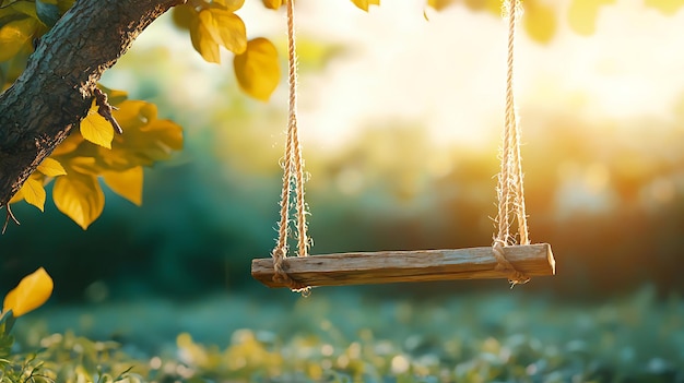 A rustic wooden swing hanging from a tree in a countryside garden