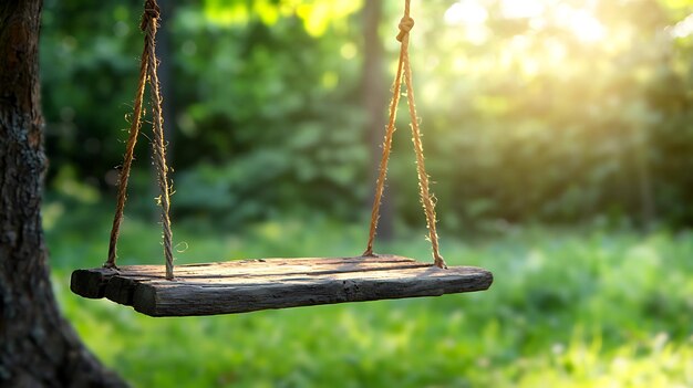 A rustic wooden swing hanging from a tree in a countryside garden