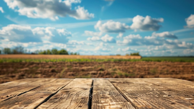 Rustic Wooden Table Against a Sunny Rural Landscape