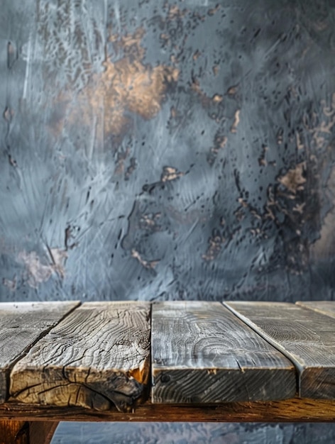 Photo rustic wooden table against textured industrial wall background