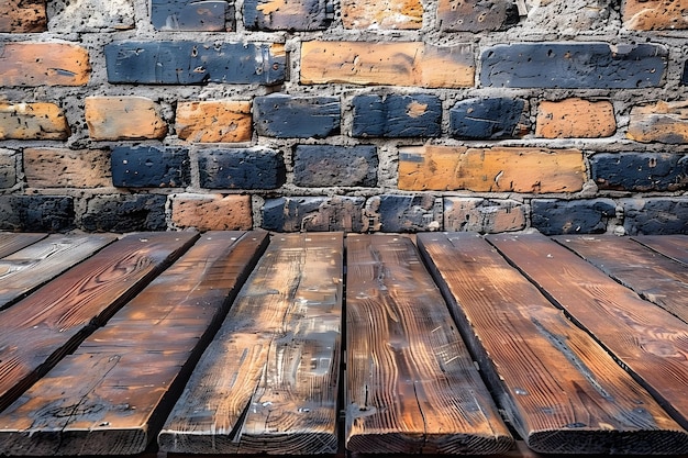 Photo rustic wooden table against weathered brick wall perfect for design or background