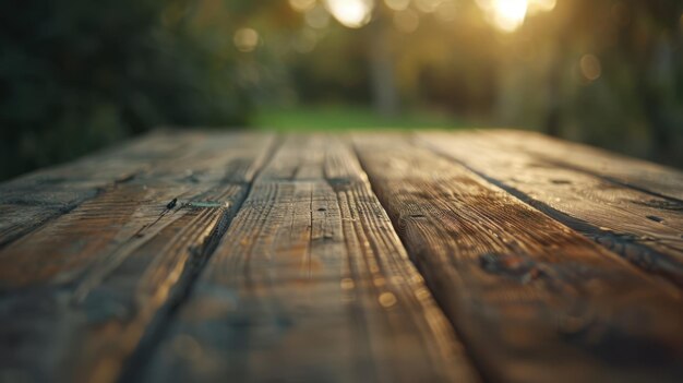 Rustic wooden table closeup natural imperfections textured surface outdoor setting unfocused greenery background warm lighting detailed wood grain depth of field nature ambiance autumn