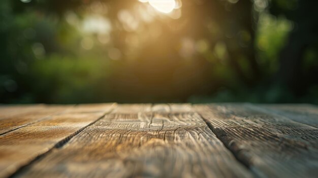 Rustic wooden table closeup natural imperfections textured surface outdoor setting unfocused greenery background warm lighting detailed wood grain depth of field nature ambiance autumn