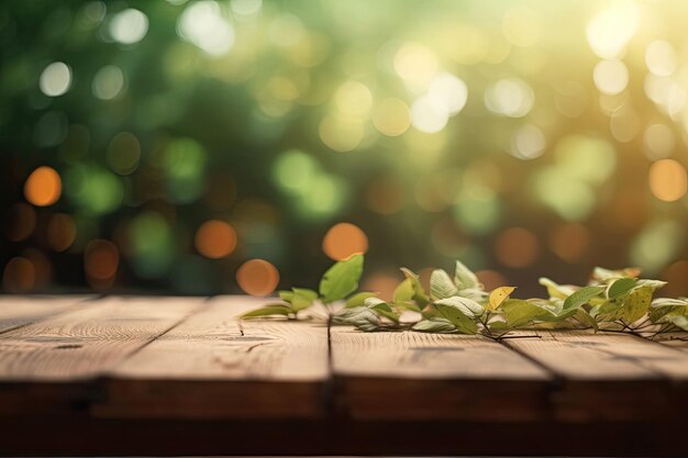 Rustic wooden table decorated with lush green foliage Generative AI