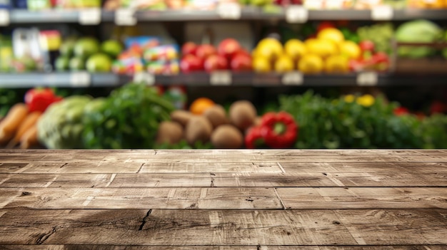 Rustic wooden table foreground with a vibrant blurred background of a colorful grocery store produce section