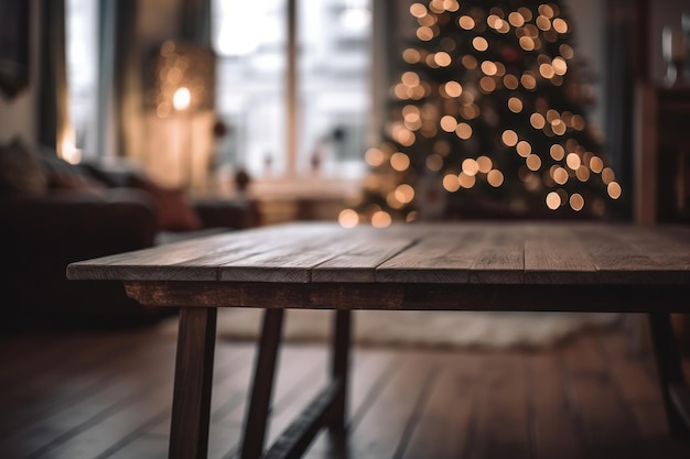 Rustic Wooden Table in Front of Blurred Living Room AI Generated