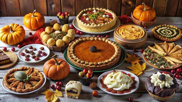 Photo a rustic wooden table laden with an assortment of autumnal pies pastries pumpkins and fall leaves creating a warm and inviting thanksgiving feast