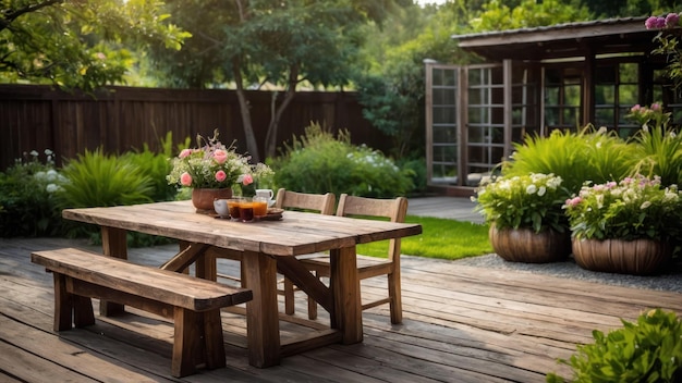 A rustic wooden table set for tea in a blooming garden perfect for a serene summer afternoon