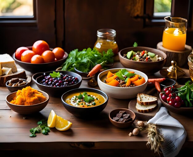 Photo rustic wooden table setting with fresh fruits and small bites