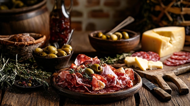 Photo a rustic wooden table showcases a tantalizing spread of cured meat olives and aged cheese complemented by charming utensils in a highquality image