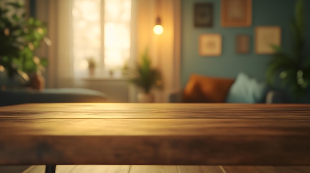 Photo rustic wooden table in a sunlit room with plants