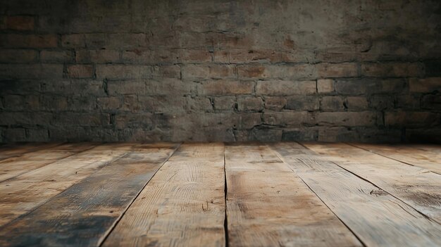 Photo rustic wooden table top with blurred brick wall background