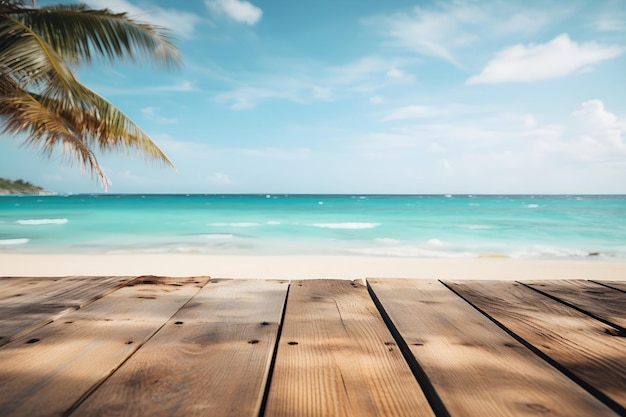 Rustic Wooden Table with Beach Background Natural Organic Product Display